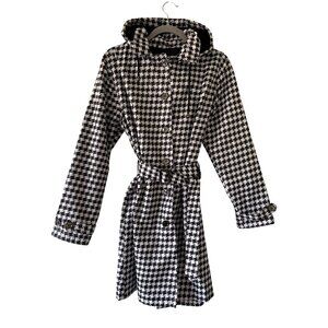 Capelli New York Black & White Houndstooth Belted Trench Coat With Hood